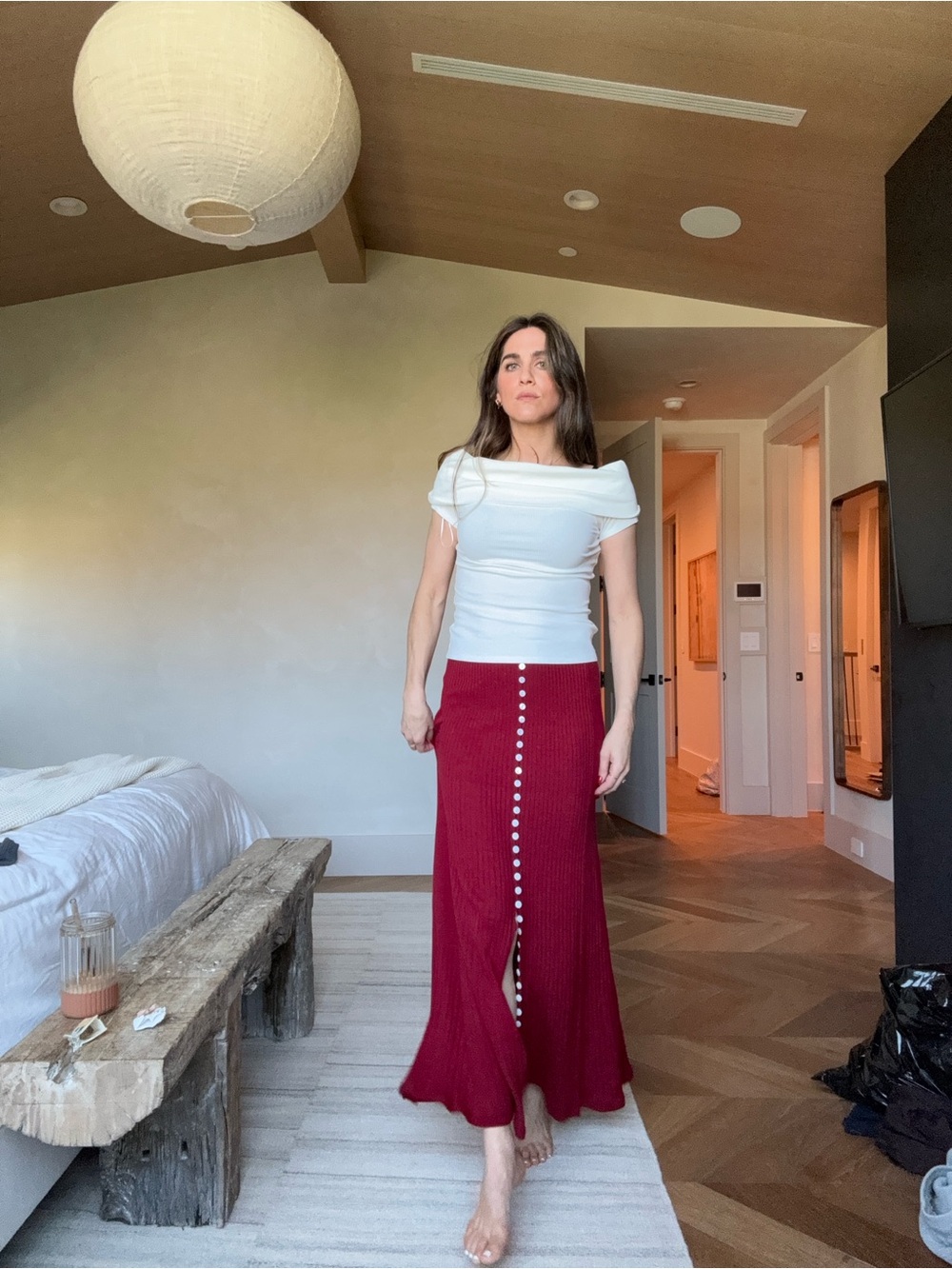 Anna Quan Red Button-Front Knit Maxi Skirt